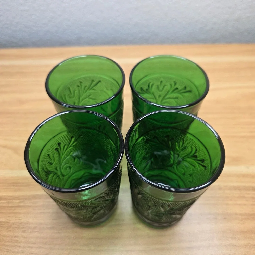 4 Vtg Anchor Hocking Forest Green Sandwich Glass Flat Juice Tumblers 3.5